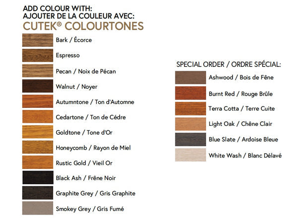 CUTEK® Colourtone chart featuring 18 timber stain colors for wood finishes